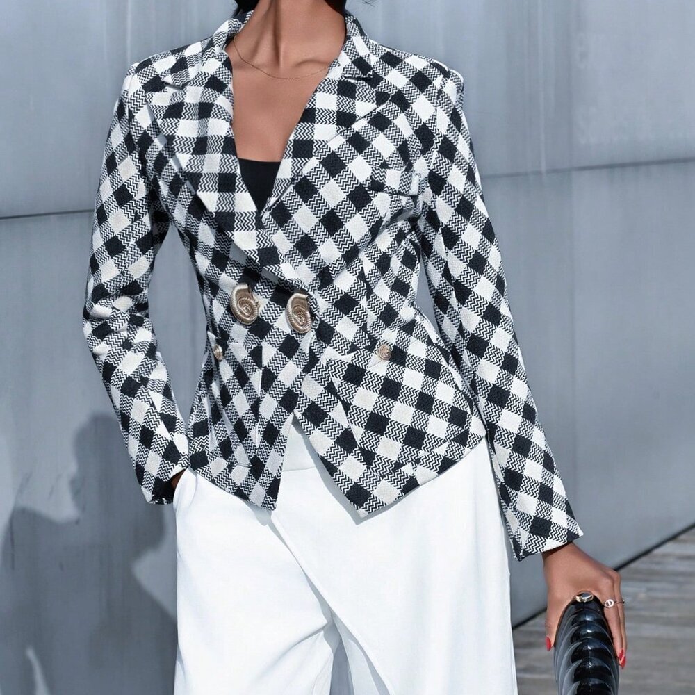 Black And White Casual Women's Plaid Lapel Long Sleeve Elegant Suit Jacket